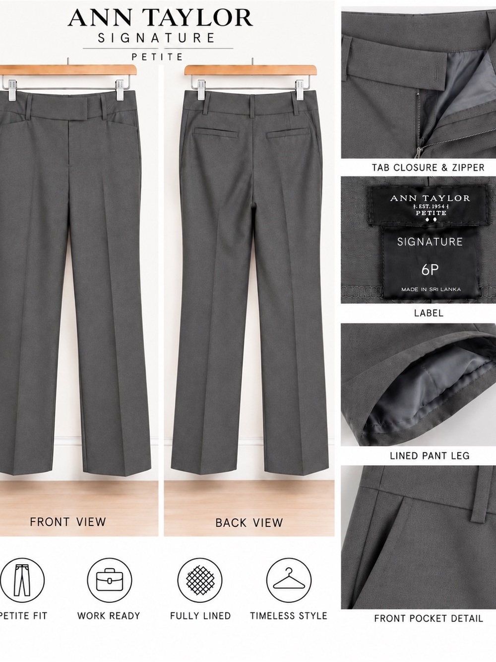 Ann Taylor Signature Petite Gray Lined Dress Pants Trousers 6P Straight Leg
